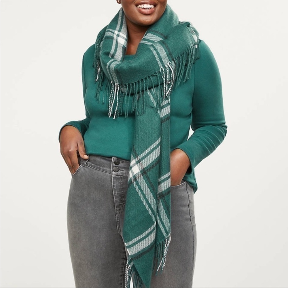 Lane Bryant Green Plaid Fringe Flannel Scarf Wrap Poncho